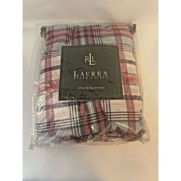 NOP Ralph Lauren Blue Red Plaid Cape May Madras Ruffled King Pillow Sham (B)