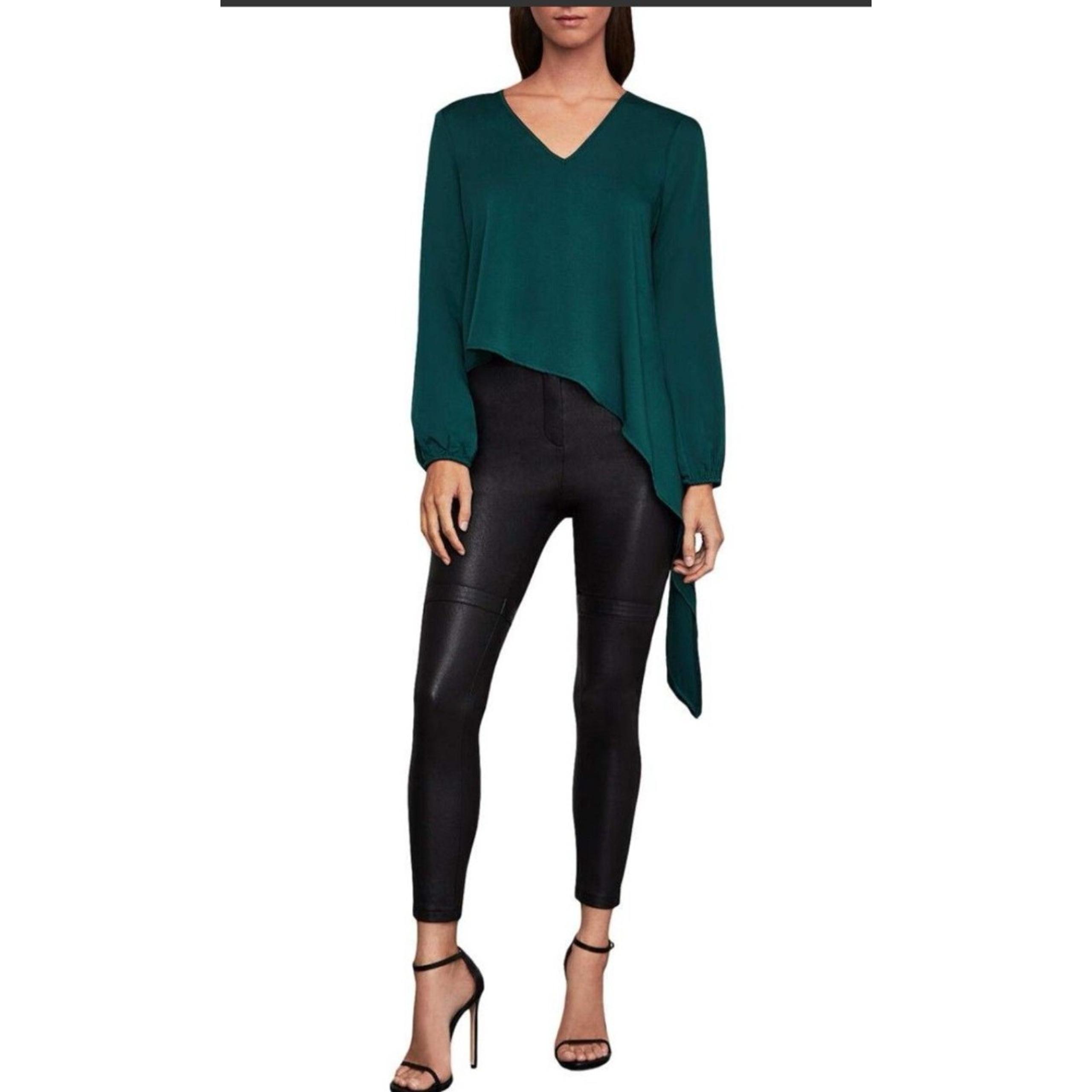 Bcbgmaxazria Women's top Green Satin Asymmetric V-Neck Drape Blouse Top Size M
