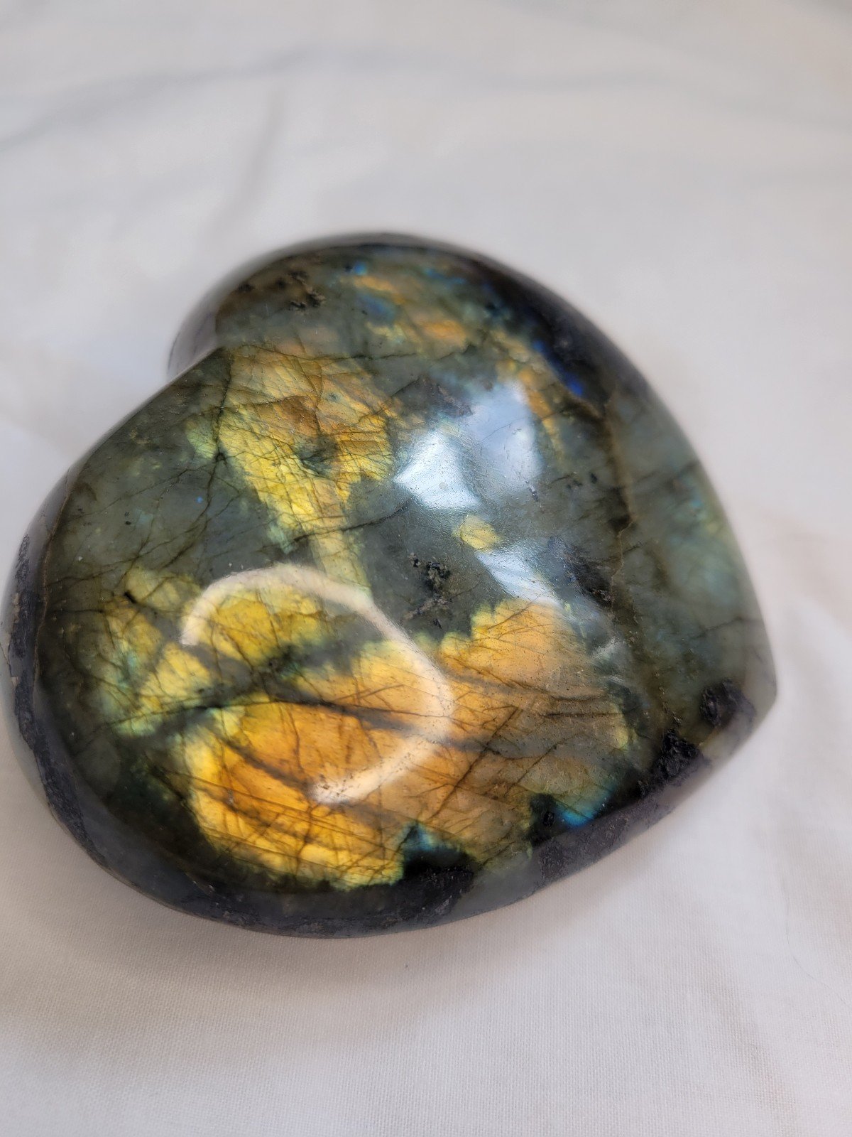 445g Natural Labradorite Super Rainbow Flash Heart Palmstone
