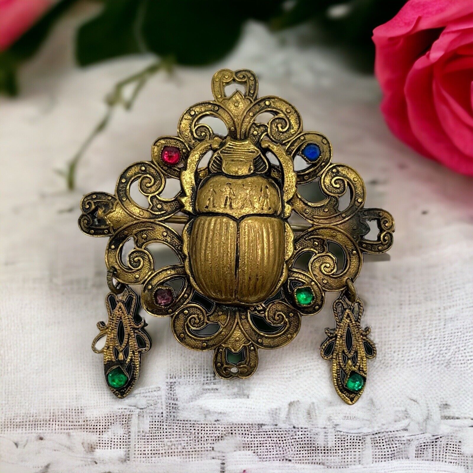 Antique Victorian Egyptian Multicolor Rhinestone Beetle Scarab Brooch C Clasp