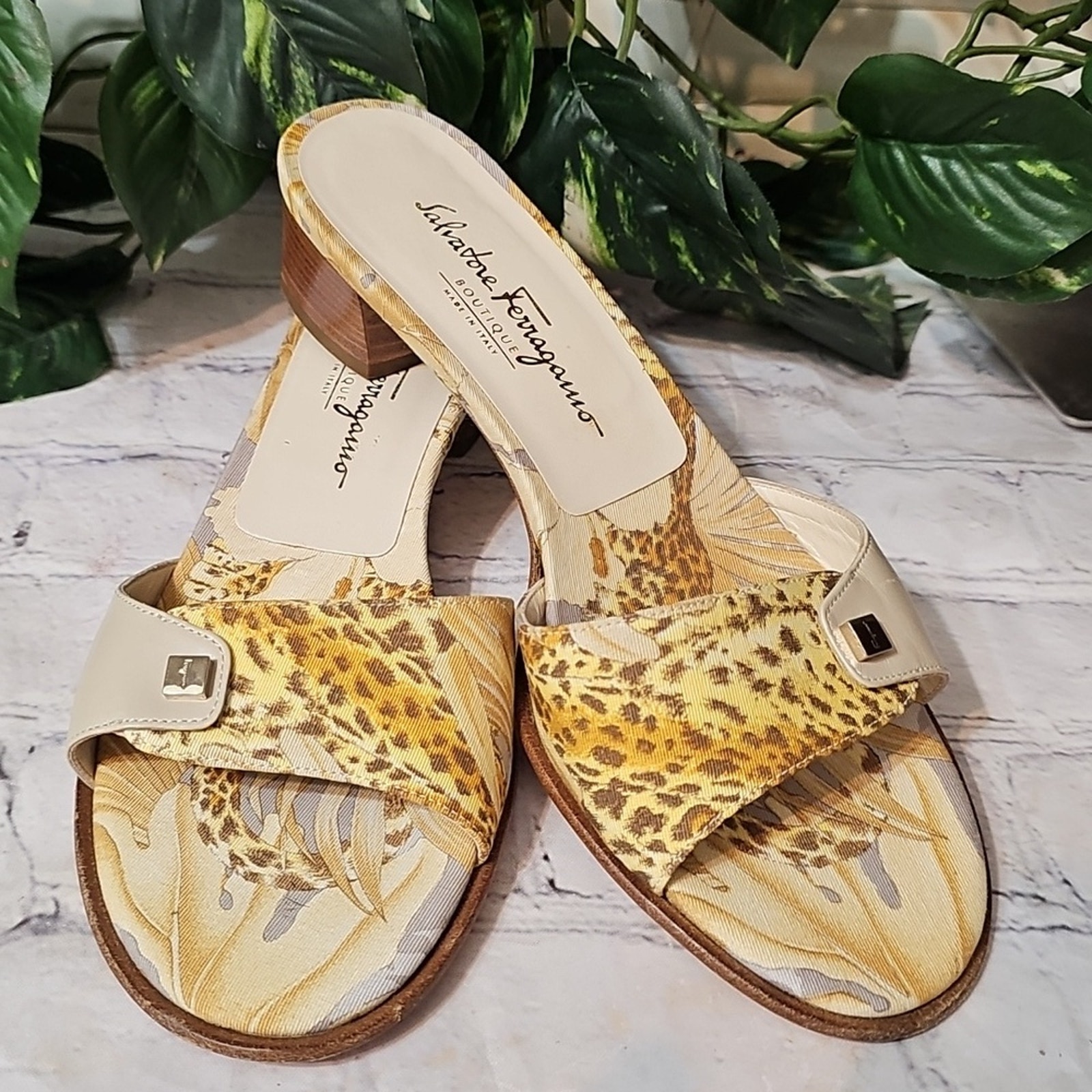 Salvatore Ferragamo Leopard Print and Leather 2 Heel Slides 8B