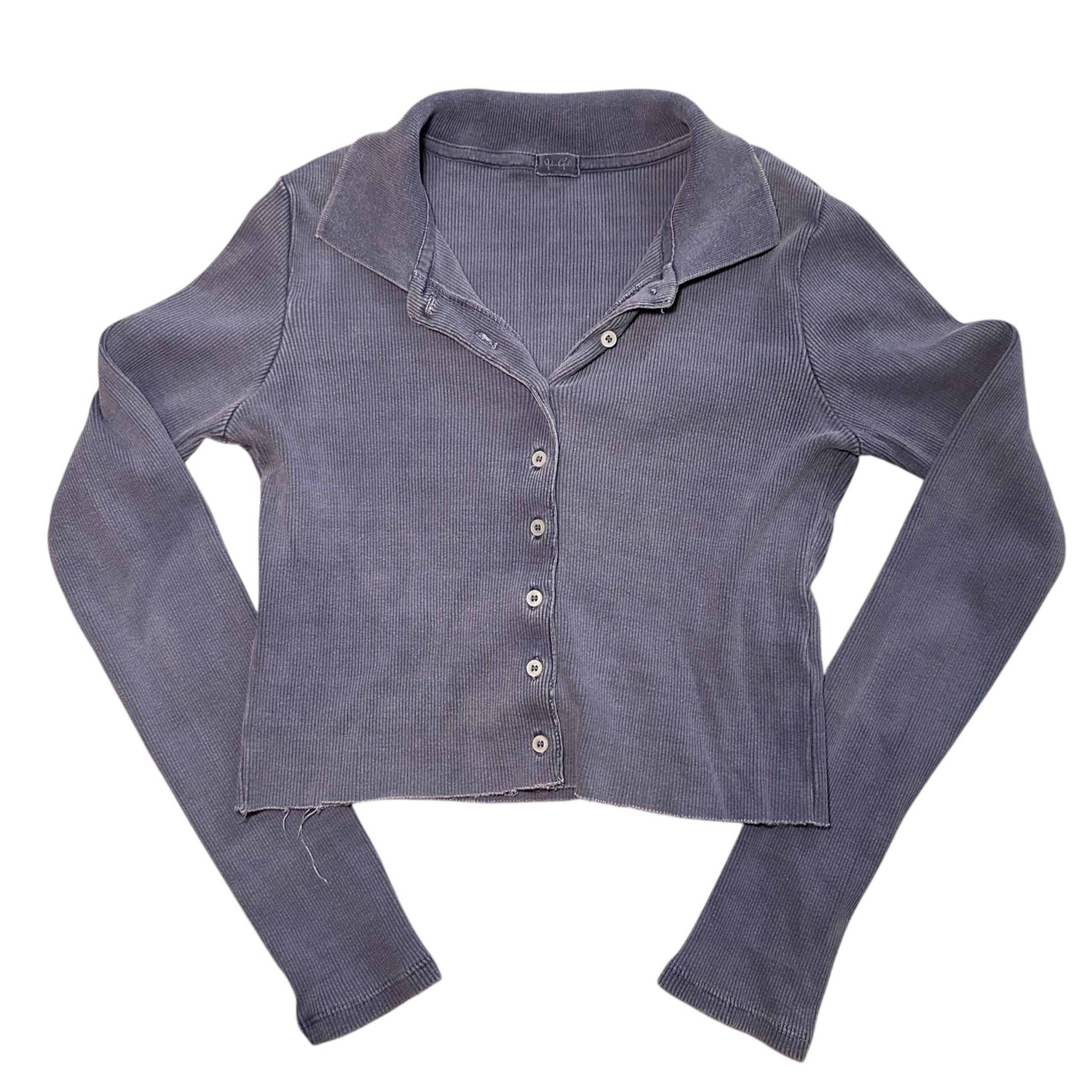 Brandy Melville Crop Shirt Women One Size Blue Collared Buttons Preppy Academia