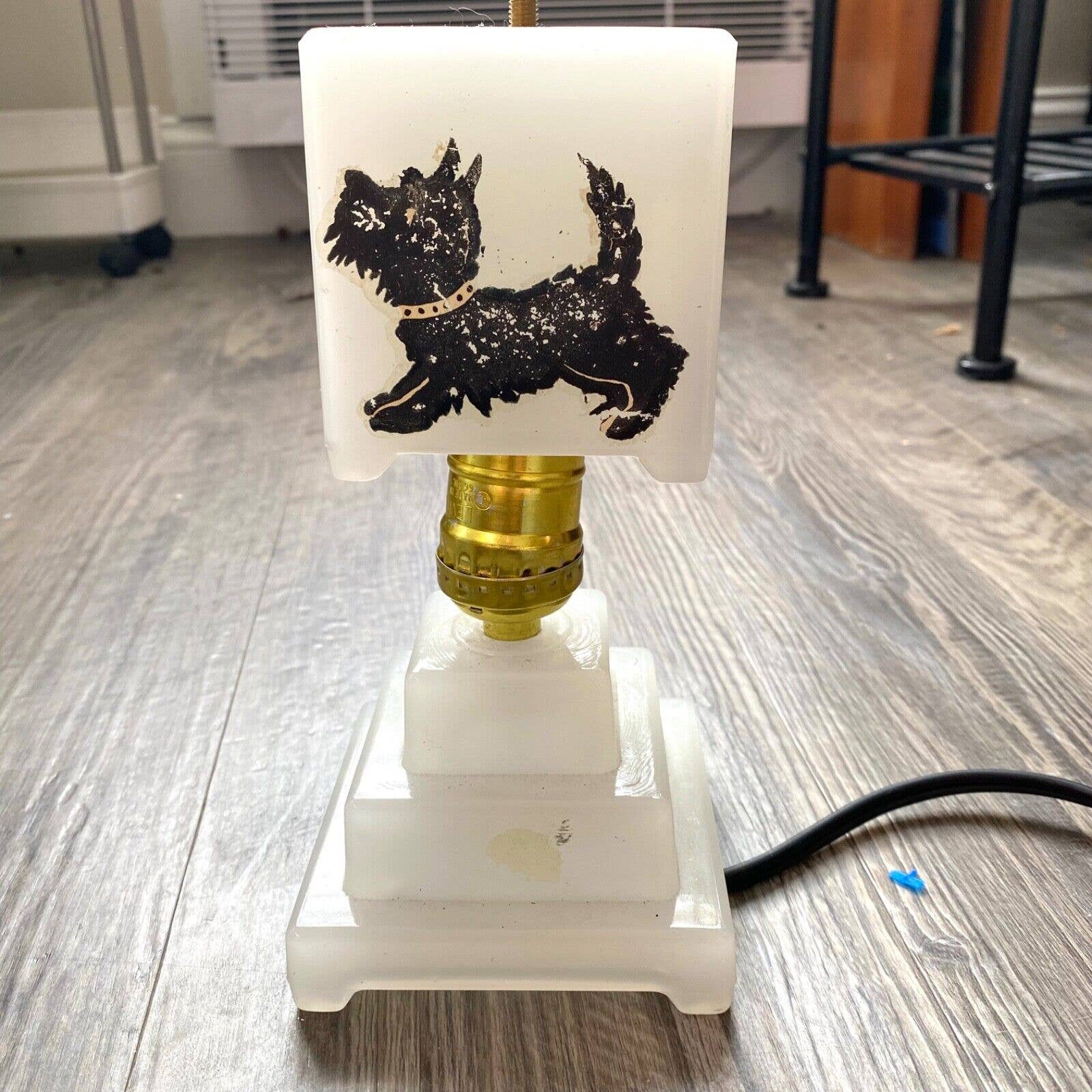 Vintage Art Deco Lamp & Shade Light Scottie Dog Scottish Terrier Milk Glass 30s