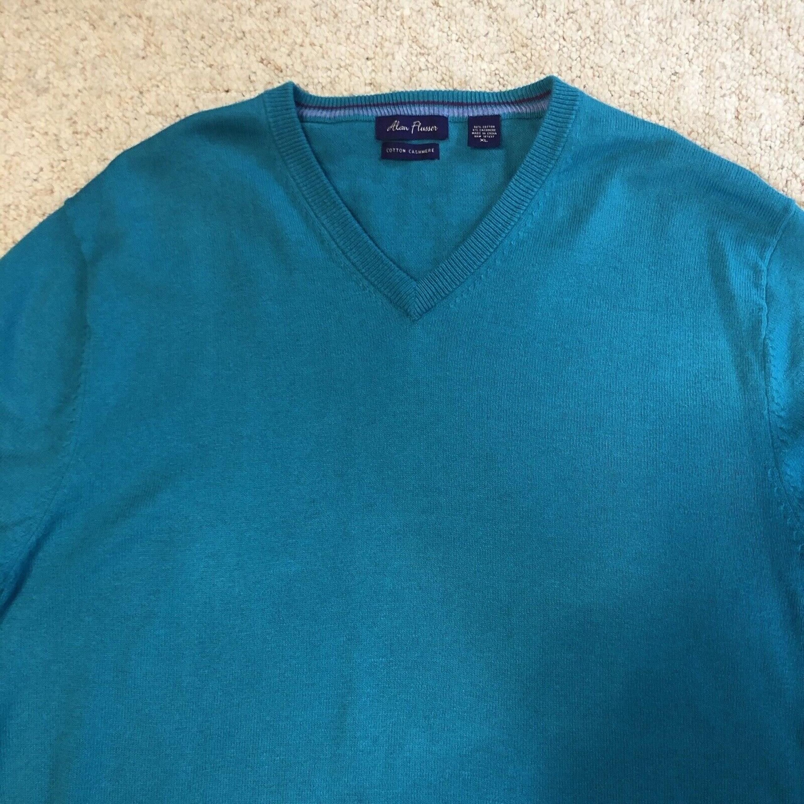 Alan Flusser V-Neck Pullover Long Sleeve Sweater Cotton Cashmere XL Teal