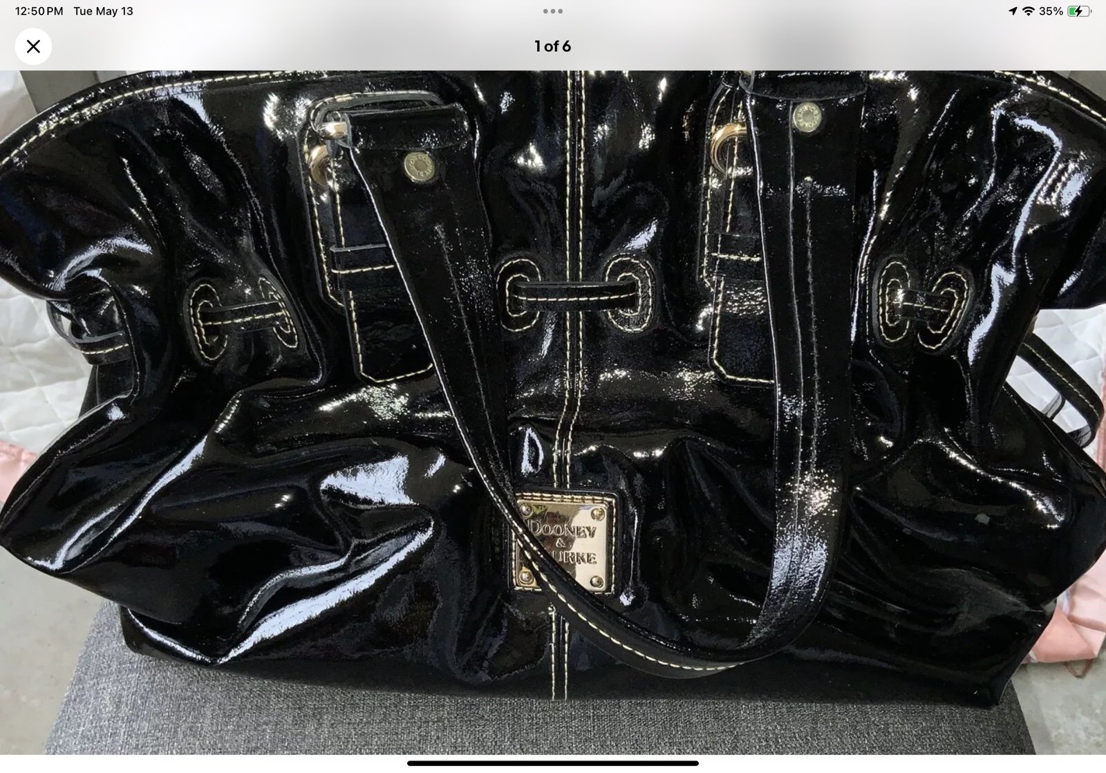 Dooney & Bourke Chiara Black Handbag Bag Patent Leather Drawstring Shoulder Tote