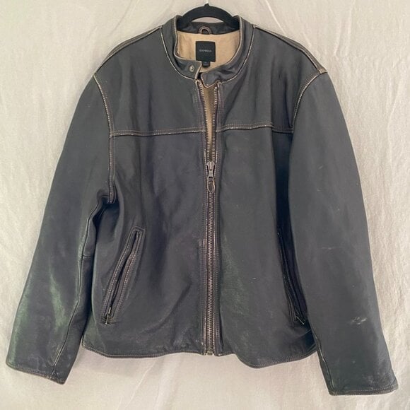Y2K Express 100% Leather Men's XL Biker Motorcycle Jacket Zipper Sleeves Brown