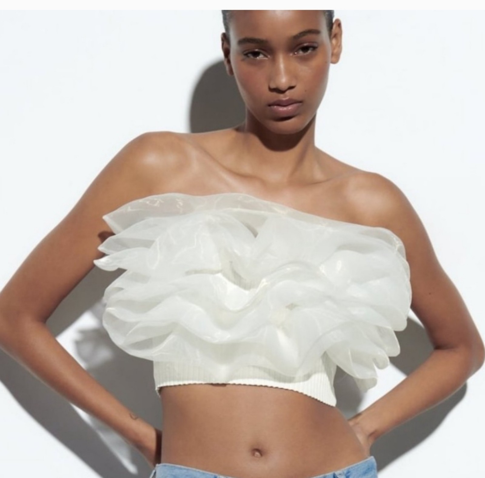 Zara White Organza Puff Tulle Tube Bandeau Flower Top size S NEW