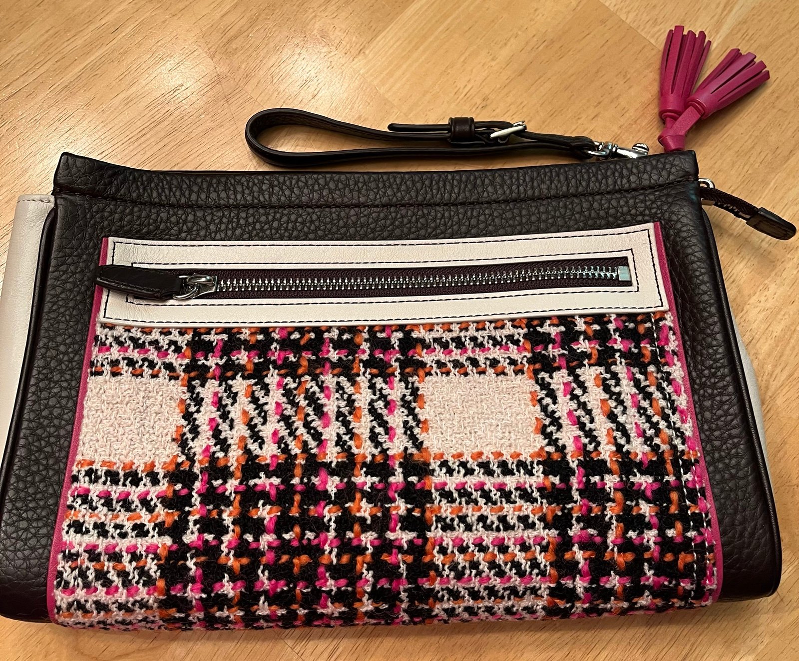 Coach colorblock pebbled leather zip case clutch bag wool plaid pink brown