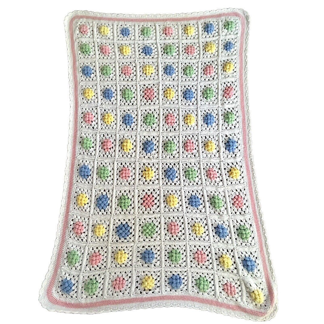 Hand Made Crocheted Blanket 3D Flowers Pink Blue Yellow Green Baby Pastel Knit