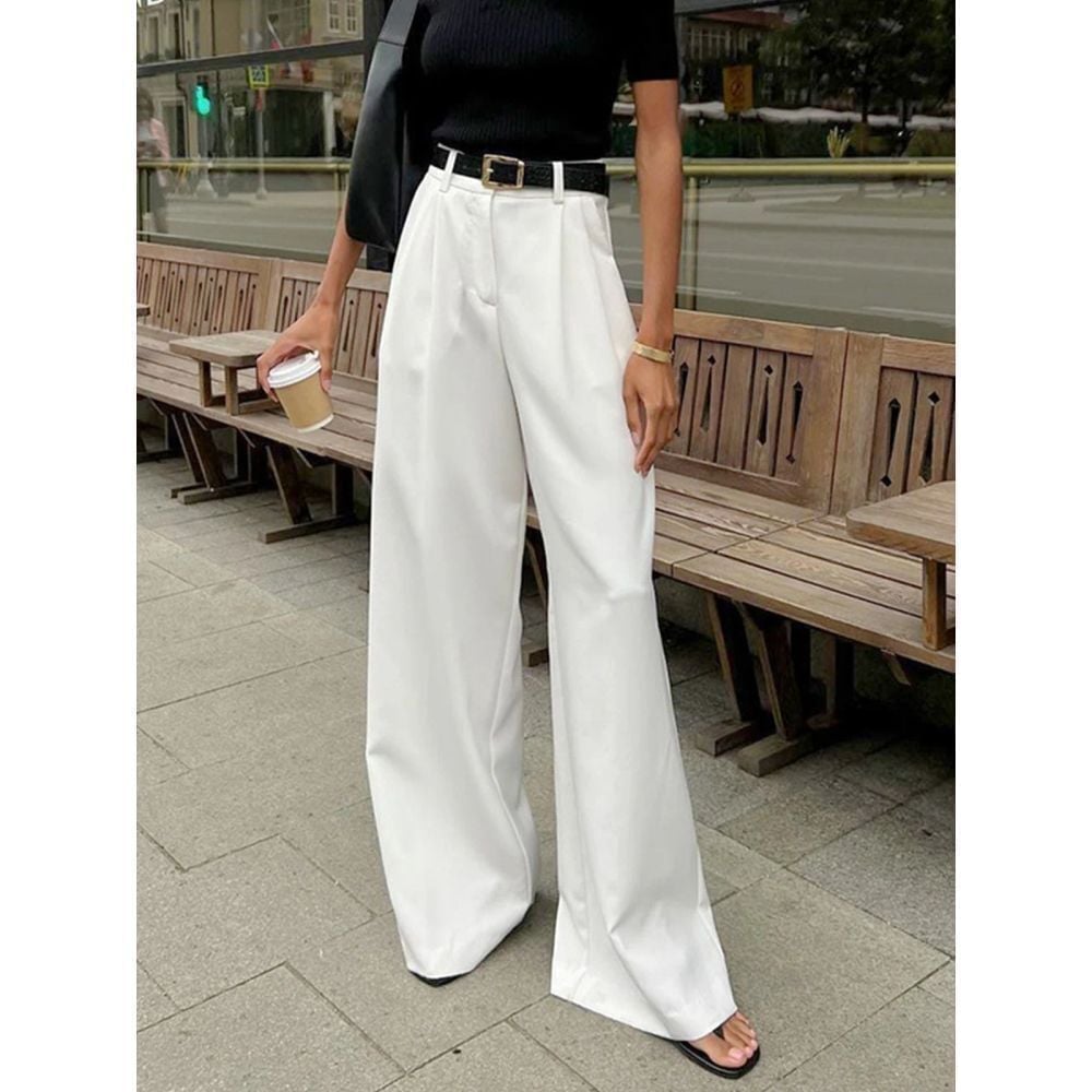 Commense Chic White Wide-Leg Trousers Palazzo Pants Casual Summer Size S