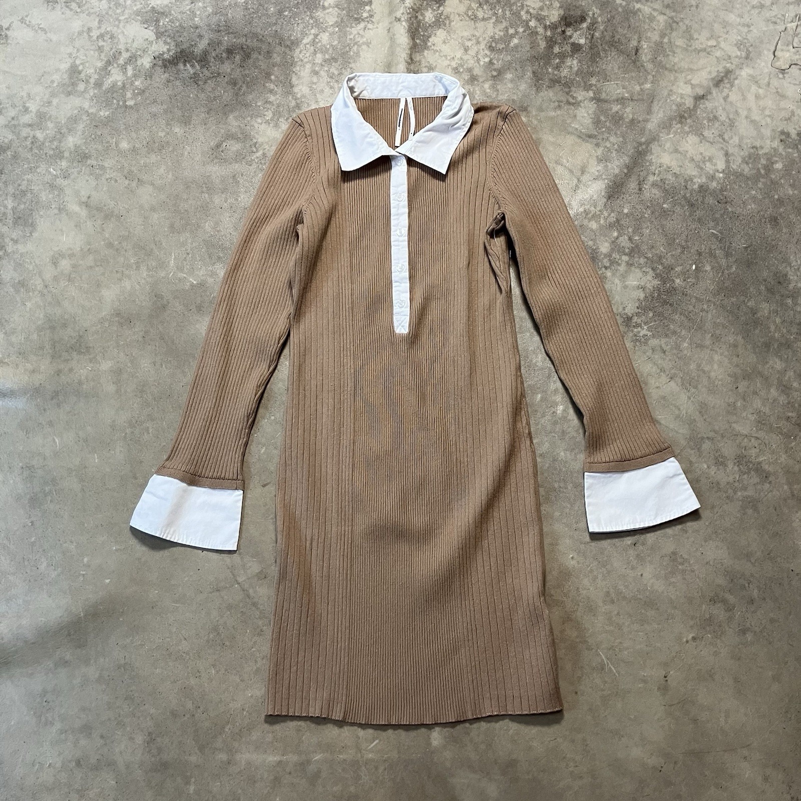 Anthropologie Dress Womens Size MP Beige Ribbed Long Sleeve Polo Mixed Media