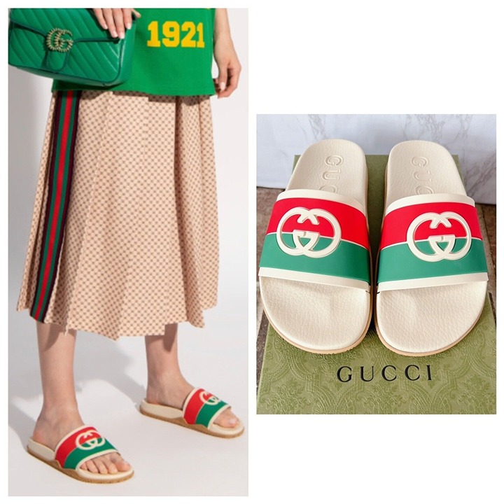 New Gucci Agrado Interlocking G Logo Rubber Slide Sandal Beige Womens EU 38 US 8