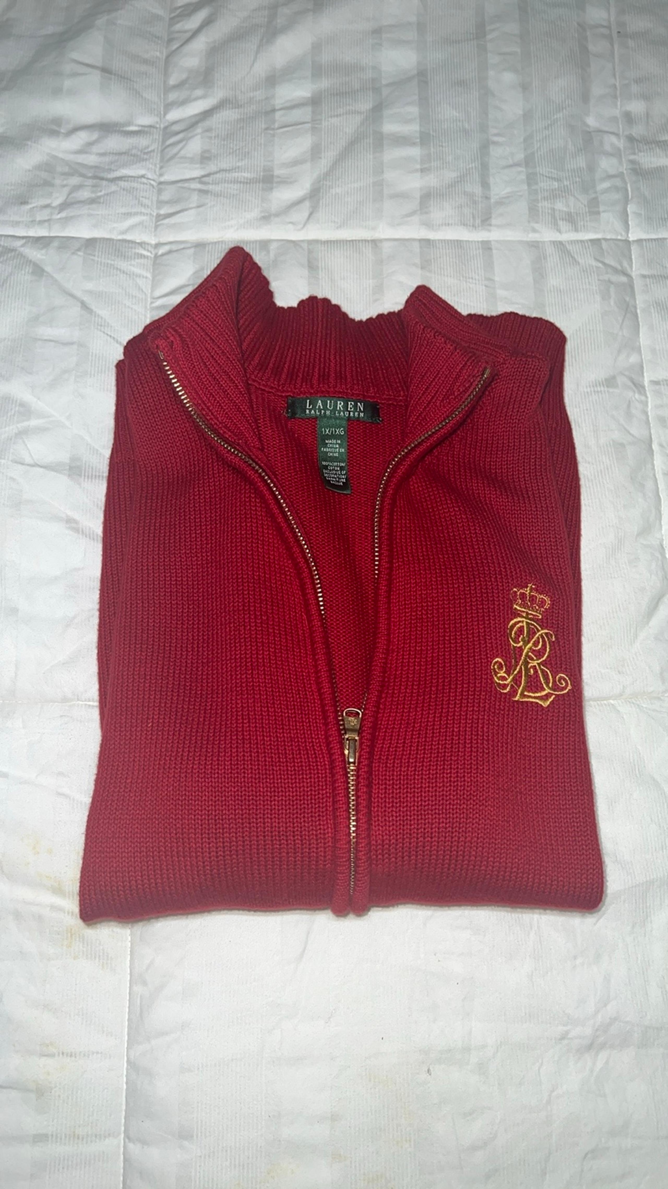 Red Ralph Lauren Cotton Sweater Crest Zip Cardigan Size 1X