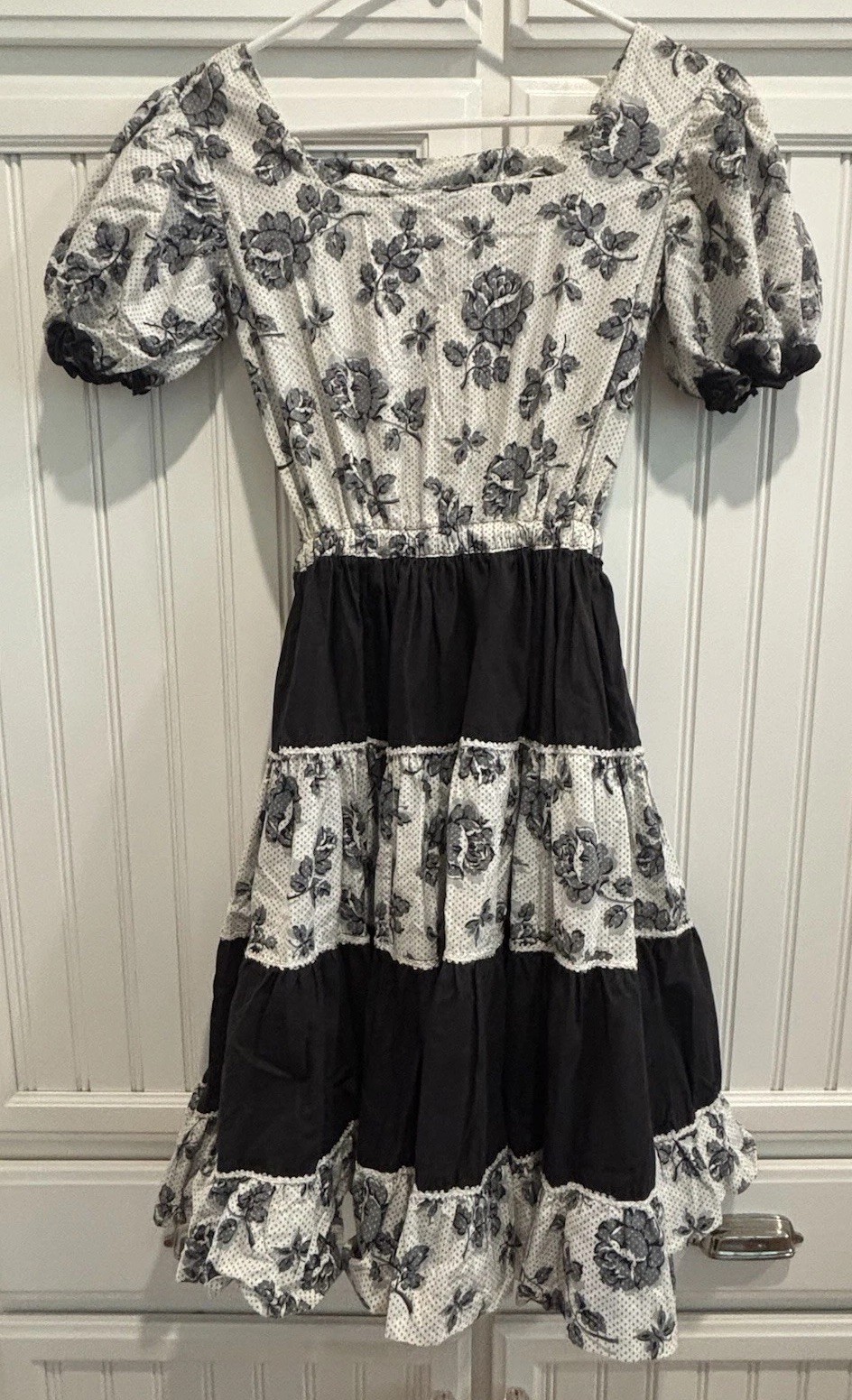 Vintage H Bar C Dress Ranch Wear California Square Dance Black White floral dots