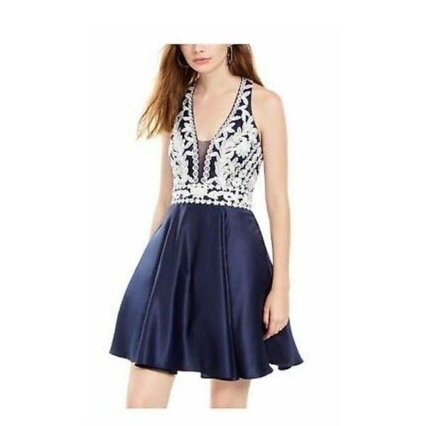 BLONDIE Juniors Navy Sleeveless Short Fit + Flare Party Dress