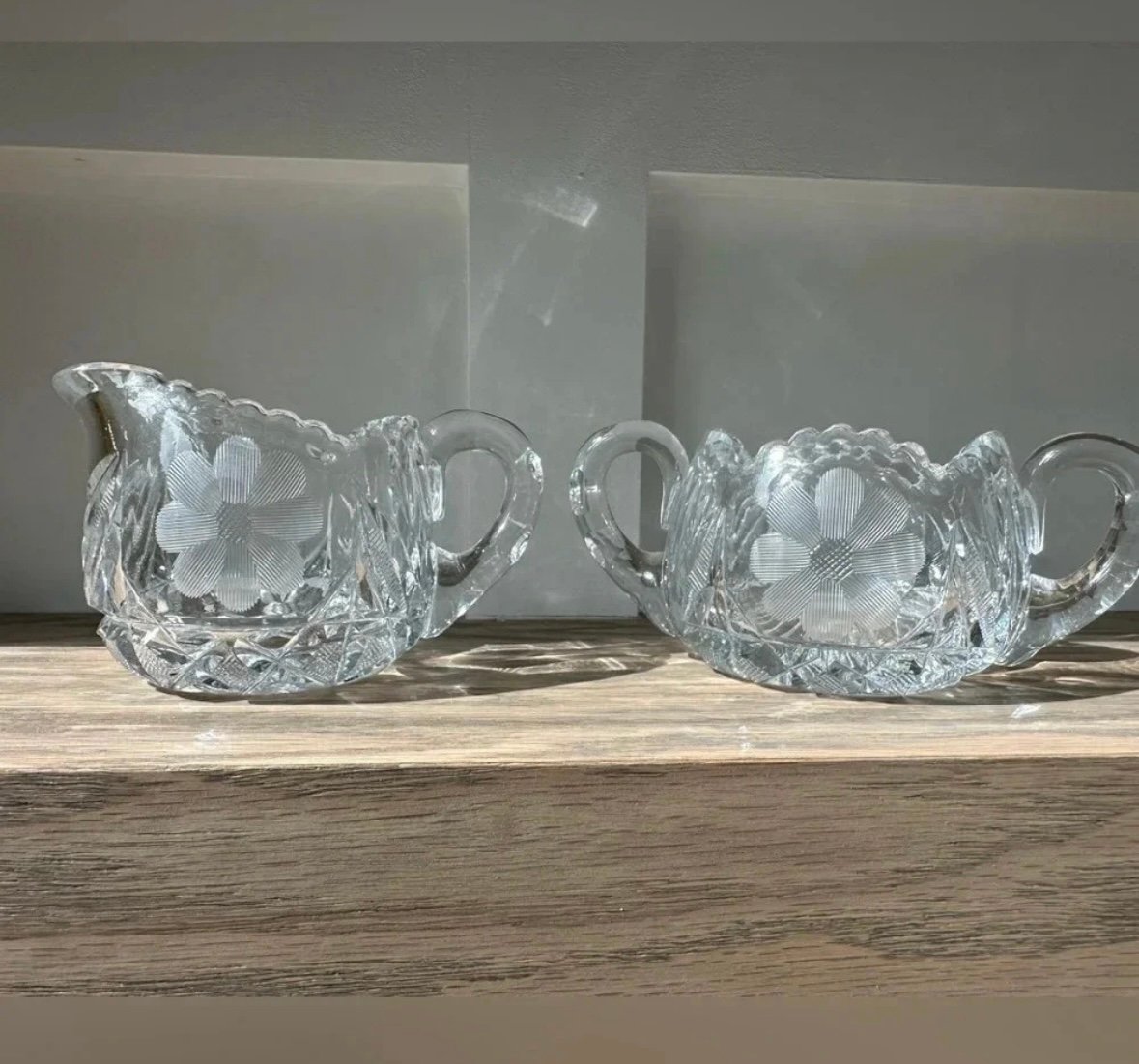 American Brilliant Cut Glass Crystal Sawtooth Creamer Sugar Bowl Etched Flower