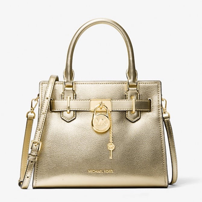Michael Kors Hamilton Small Metallic Leather Satche Pale Gold NWT