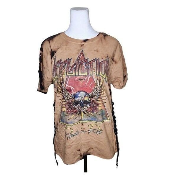 Affliction Tie Dye Lace Up Skull Rock TShirt Womens Size M Brown NEW