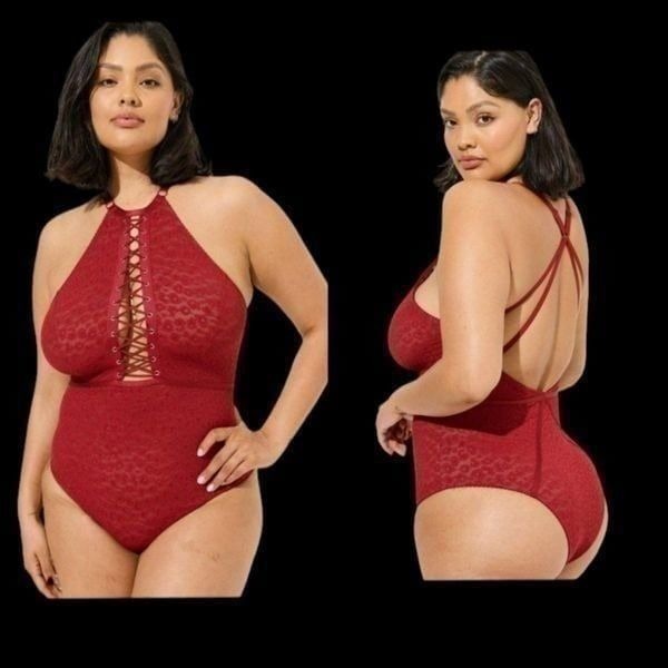 4X 26W Torrid Red Animal Print Halter Bodysuit Sheer Lingerie Lace Up Adjustable