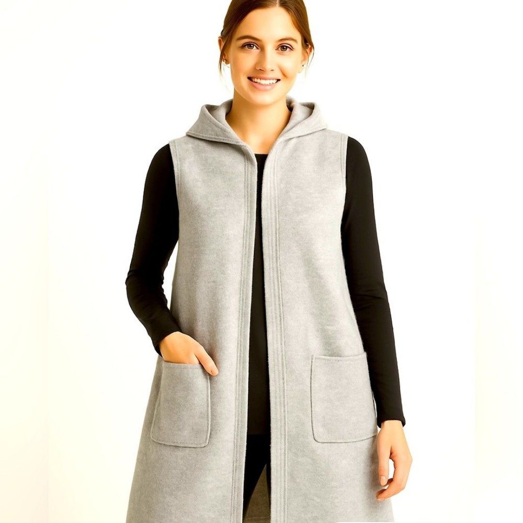 Adrienne Vittadini Gray Wool Blend Hooded Knit Cardigan Size 1X Open w/Pockets