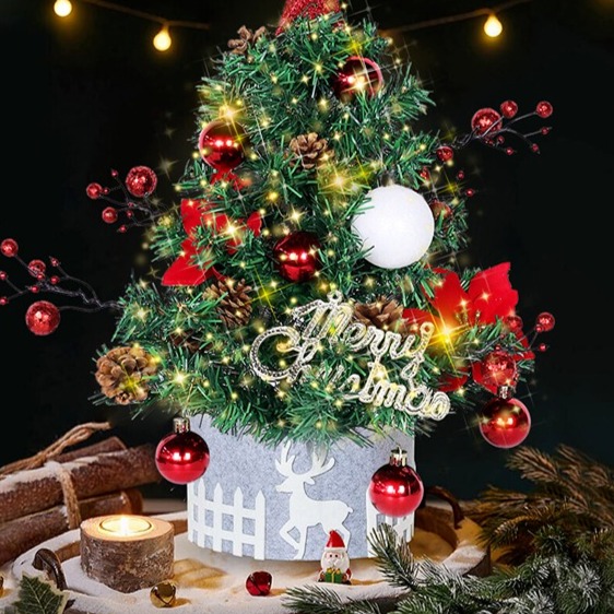 24inch Tabletop Artificial Small Mini Christmas Tree with LED Light & Ornaments