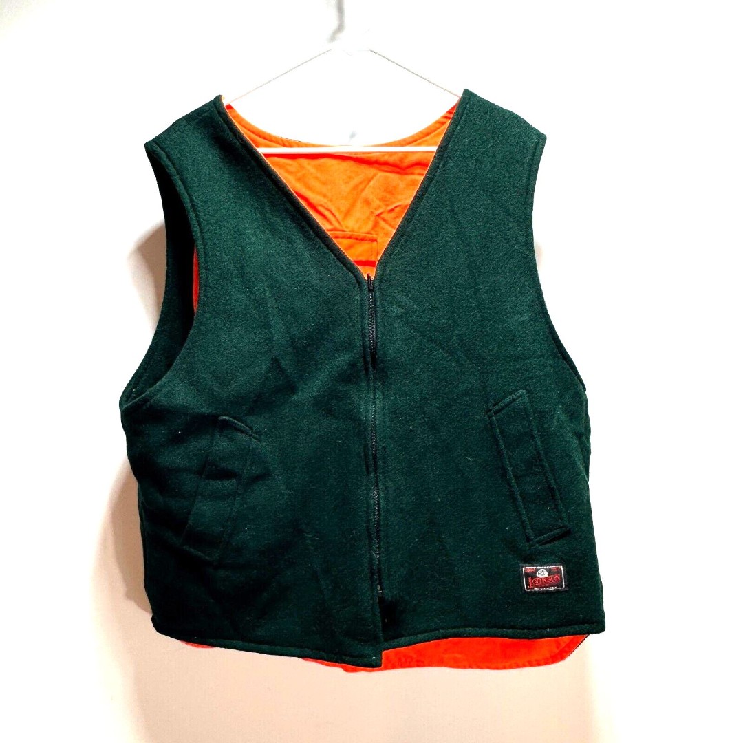 Johnson Woolen Mills Wool Vest Reversible Green Orange Pockets 24x26 XXL XL