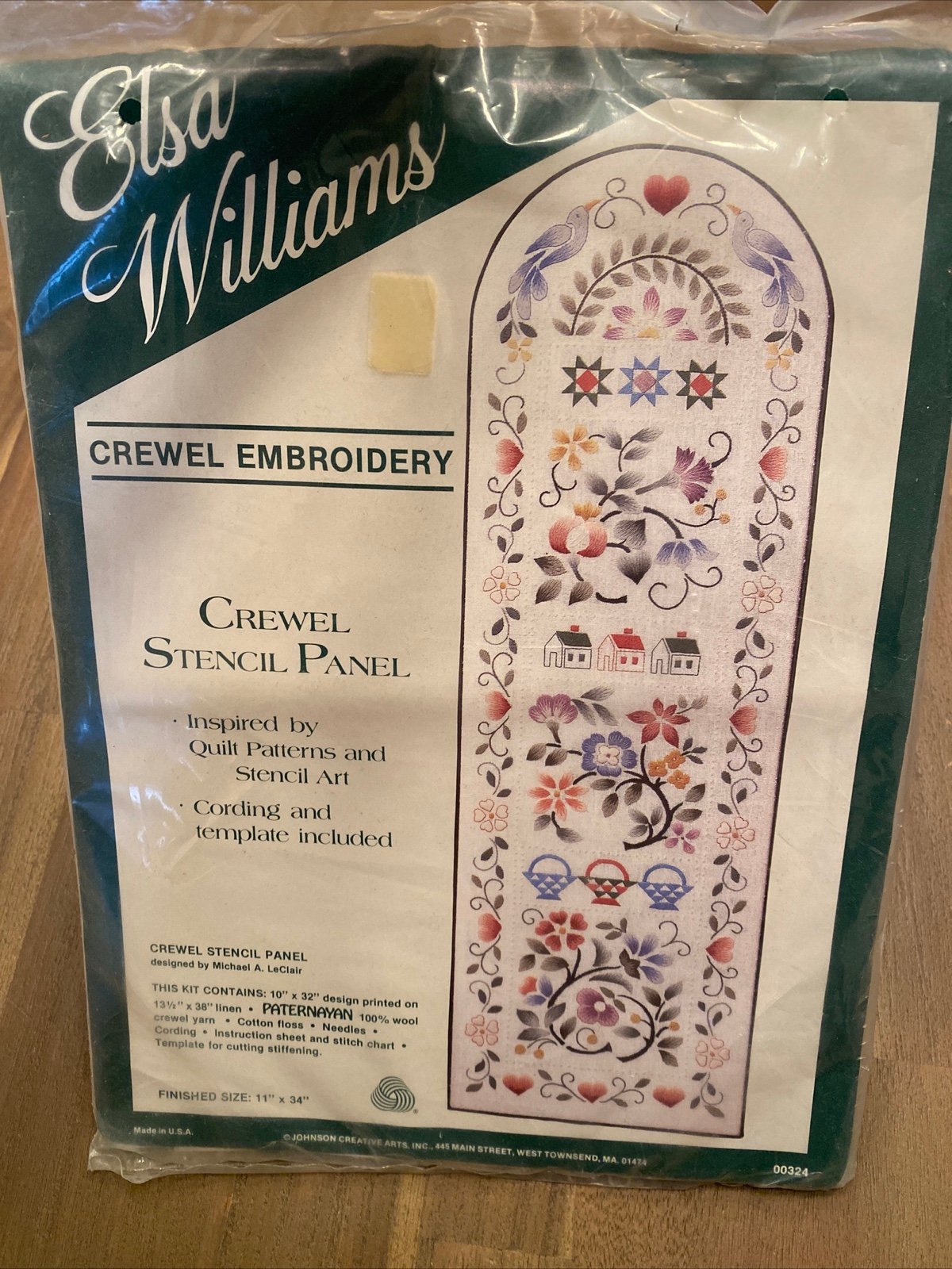 Elsa Williams Crewel Embroidery Stencil Panel 11” x 34” 00324 Floral Houses