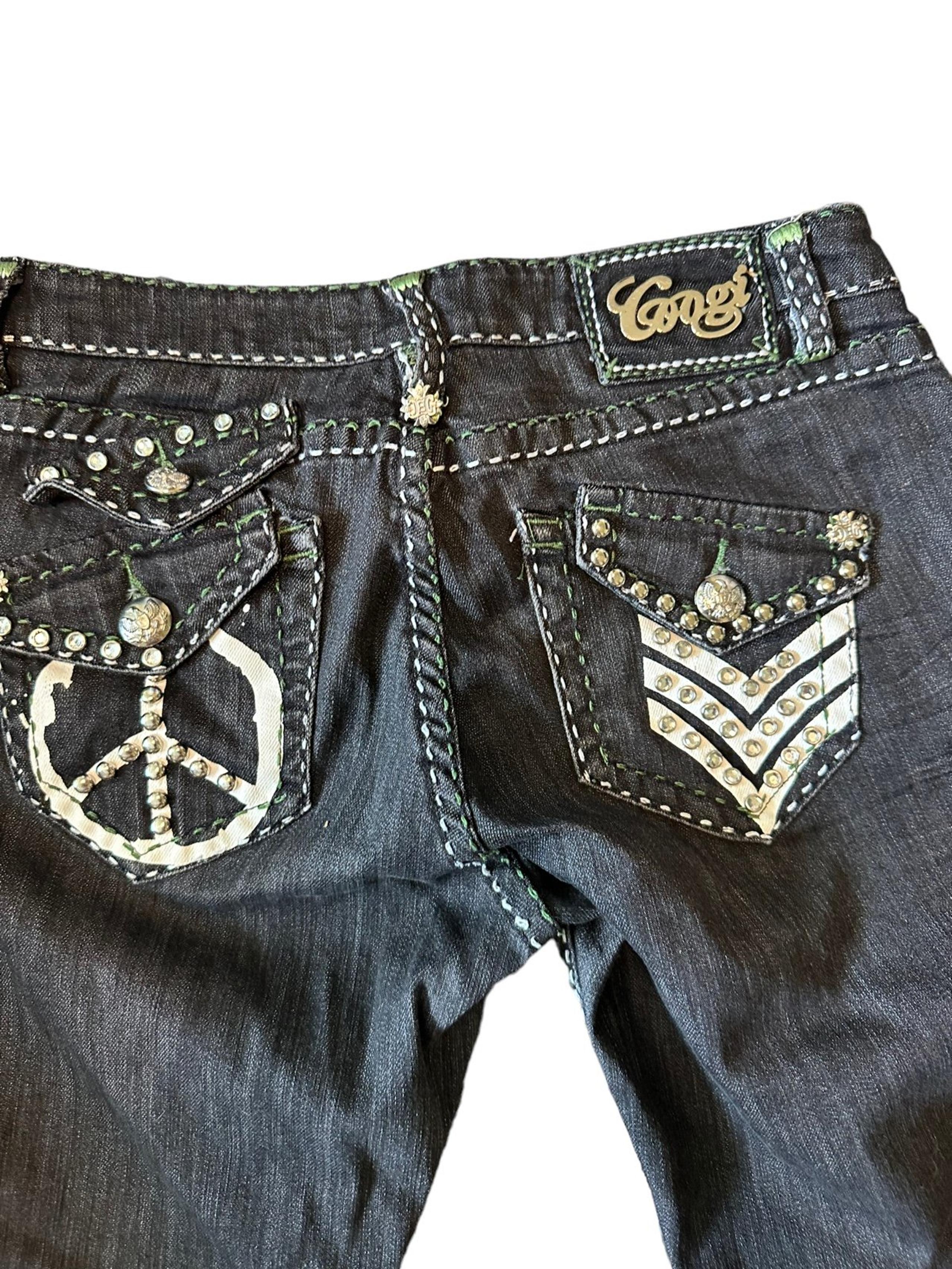 Coogi Peace Sign Embellished Straight Leg Black Denim Jeans 7/8