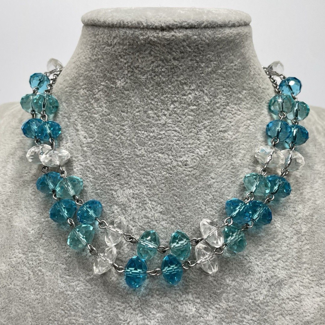 Vintage Crown Trifari Blue White Glass Beaded Layered Necklace Statement