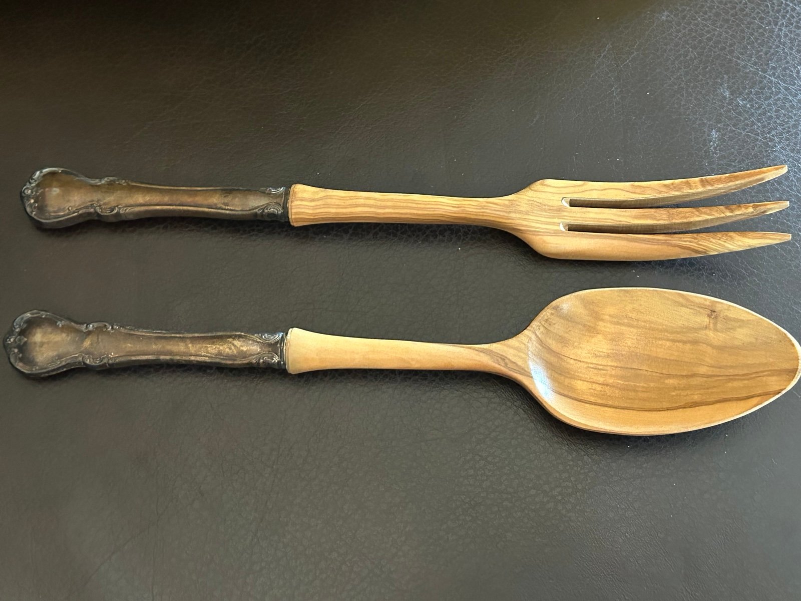 Vintage MCM sterling silver and olive wood salad serving set
