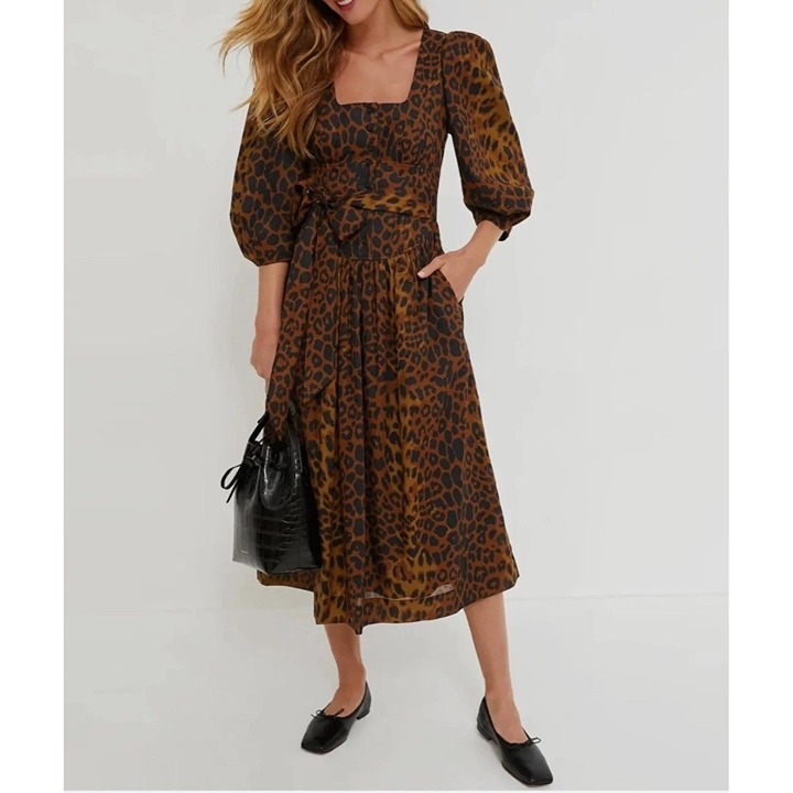 Tuckernuck Leopard Graciela Midi Dress Animal Print Size 2 Career office