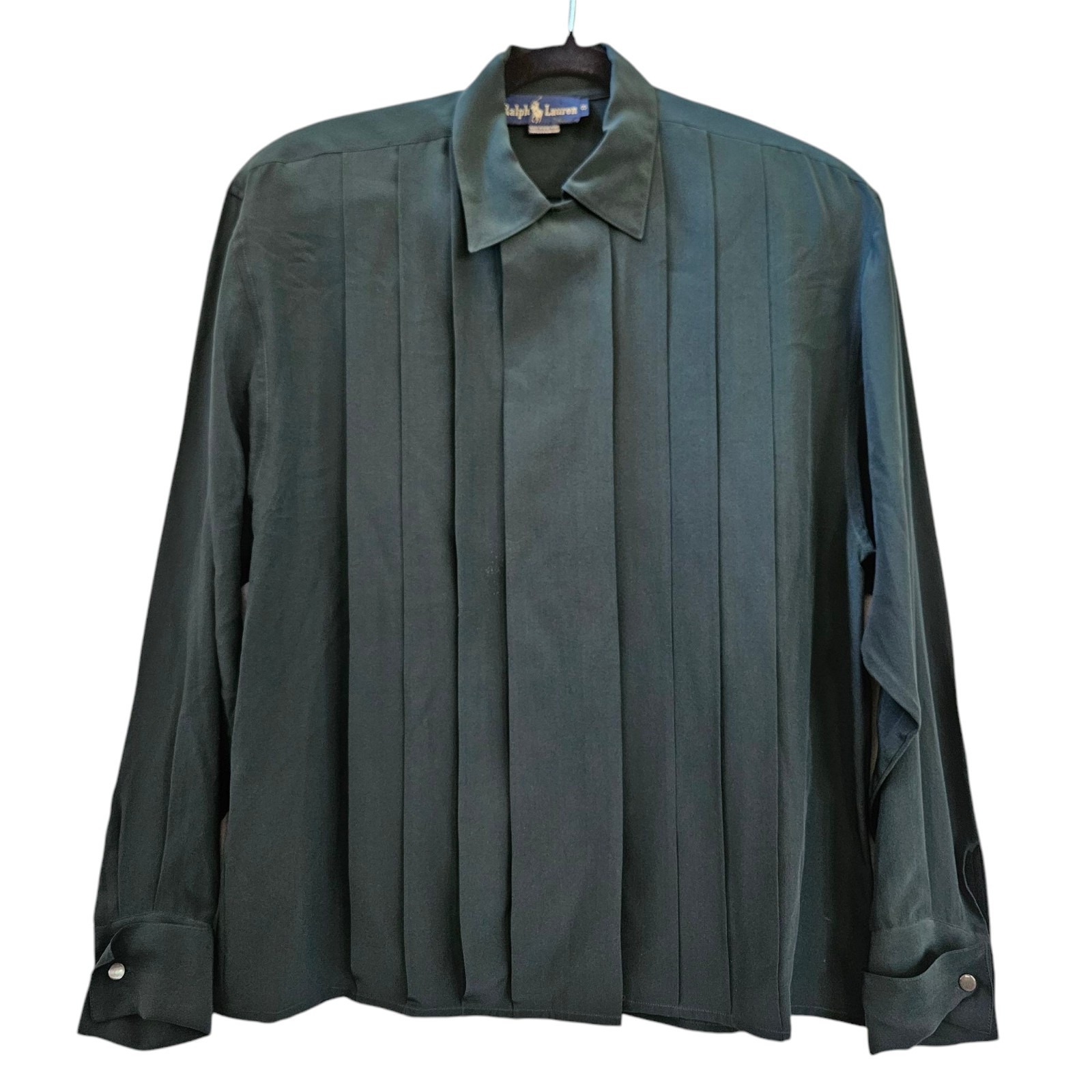 Ralph Lauren Top sz 8 Green VTG Pleated 100% Silk Cuff Sleeve Hidden Button Up