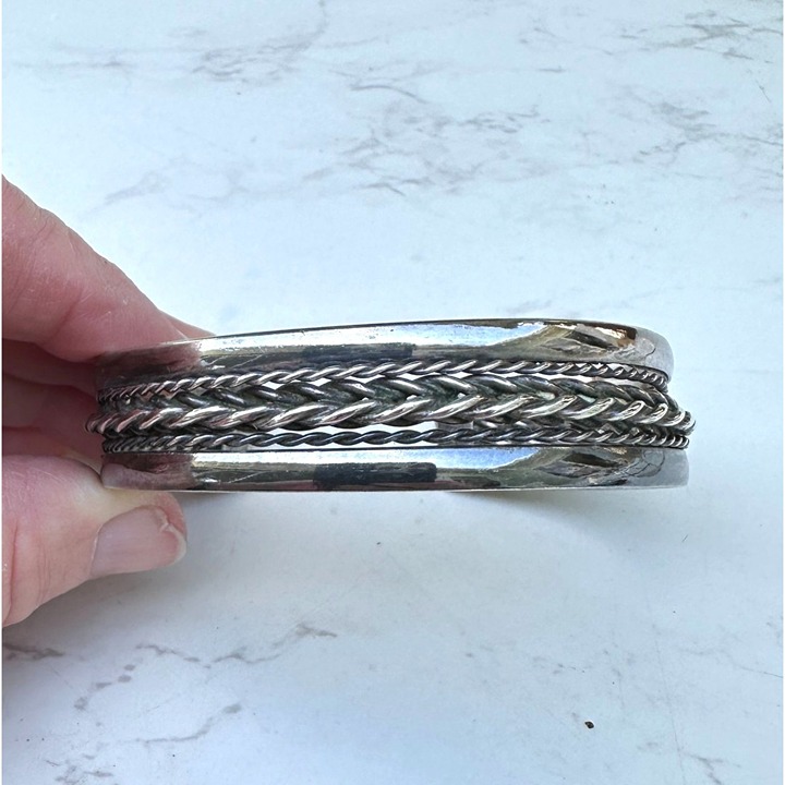 Vintage Mens Sterling Silver Cuff Bracelet With Twisted Rope