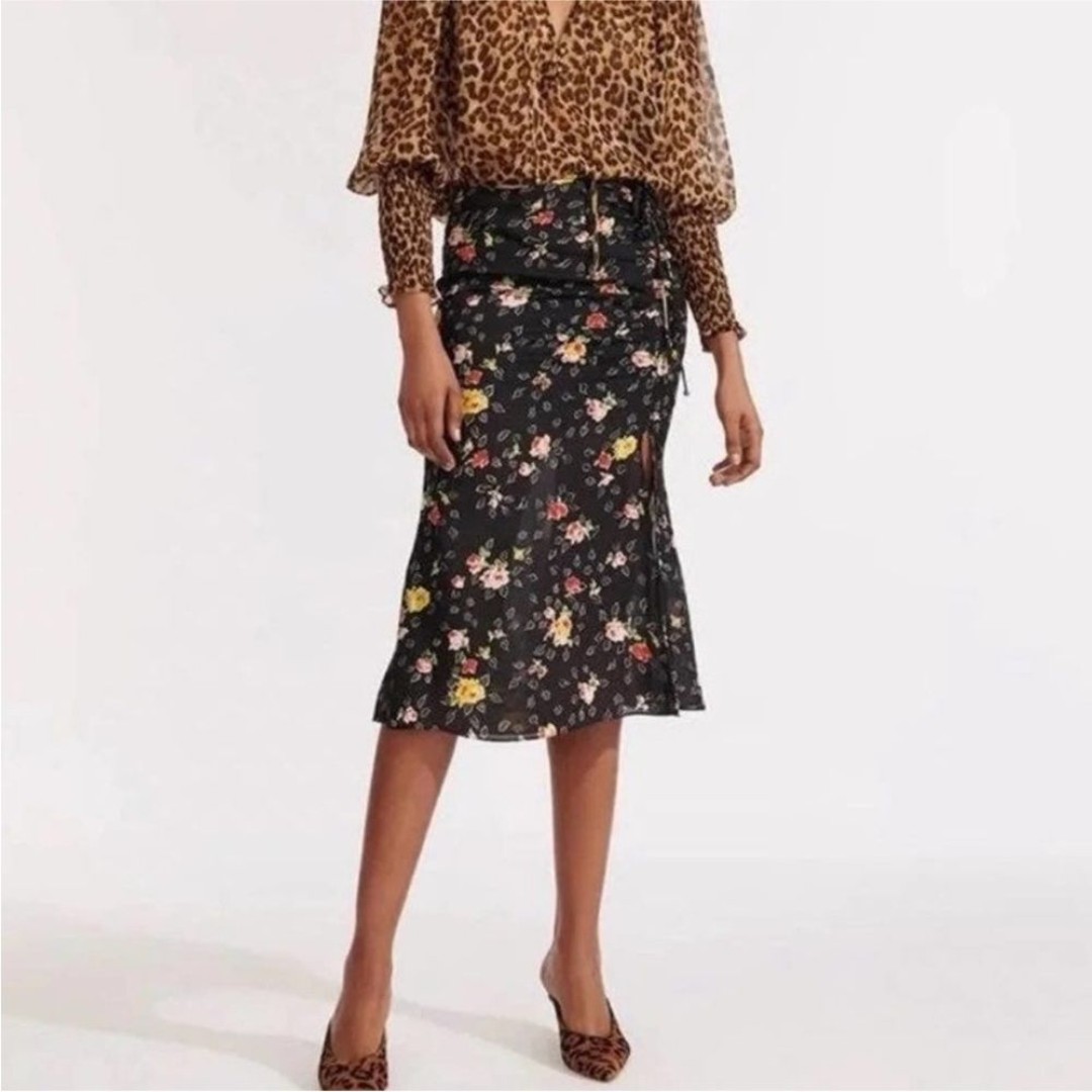 Veronica Beard Black Floral Vanity Silk Midi Skirt Size 4