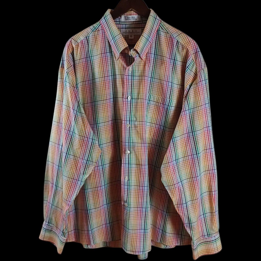 Enro Men’s XXL Button Down Shirt Plaid Non-Iron 100% Cotton Hong Kong Tailored