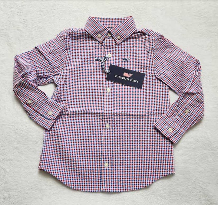 New boys 3T Vineyard Vines tattersall seersucker whale dress shirt
