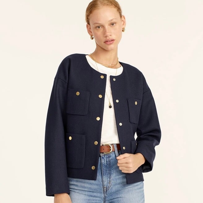 298 NWOT J. Crew Relaxed Lady Navy Blue Wool Snap Buttons Jacket Blazer Size 4