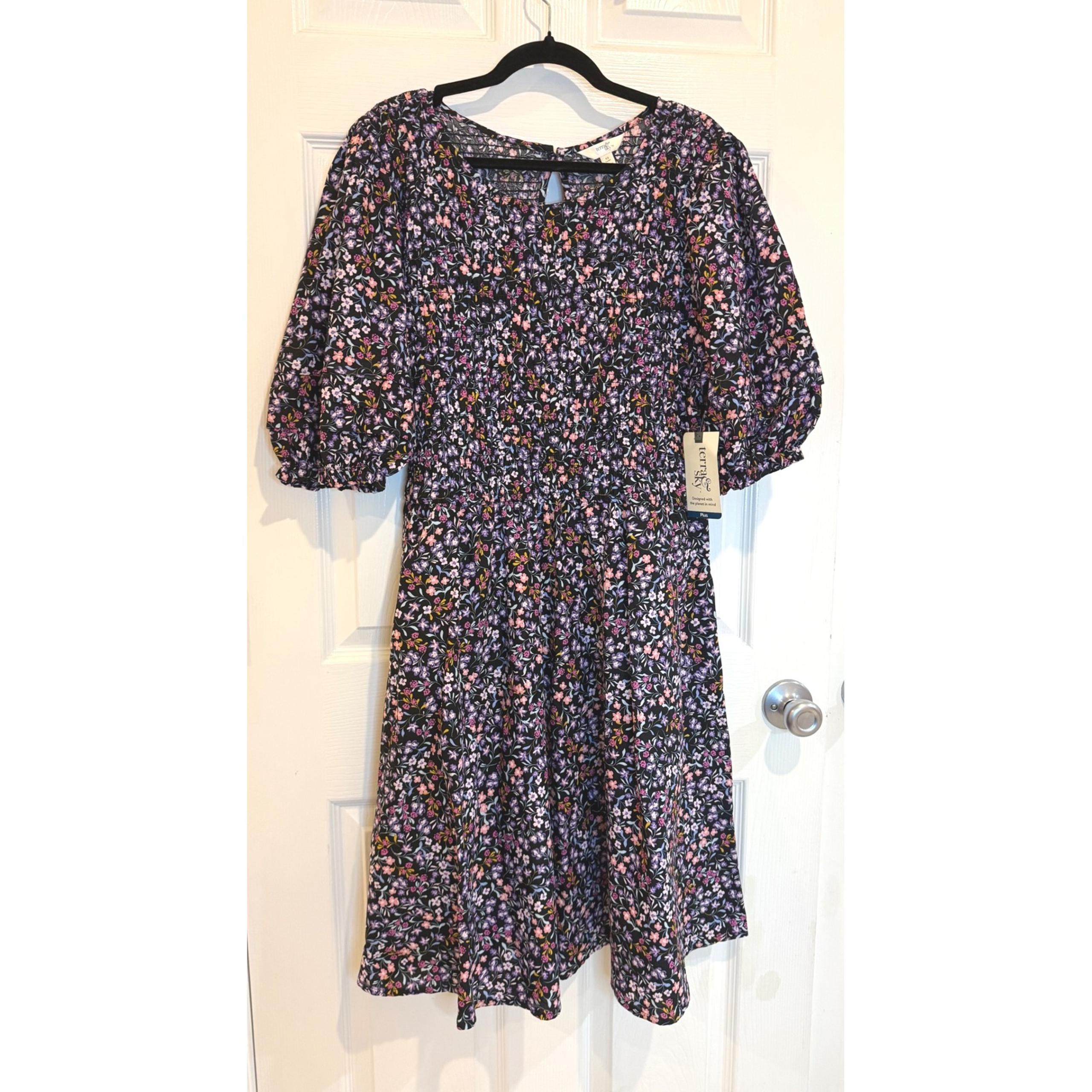 Terra & Sky Floral Print Smocked Dress Puff Sleeve Casual Black 0X