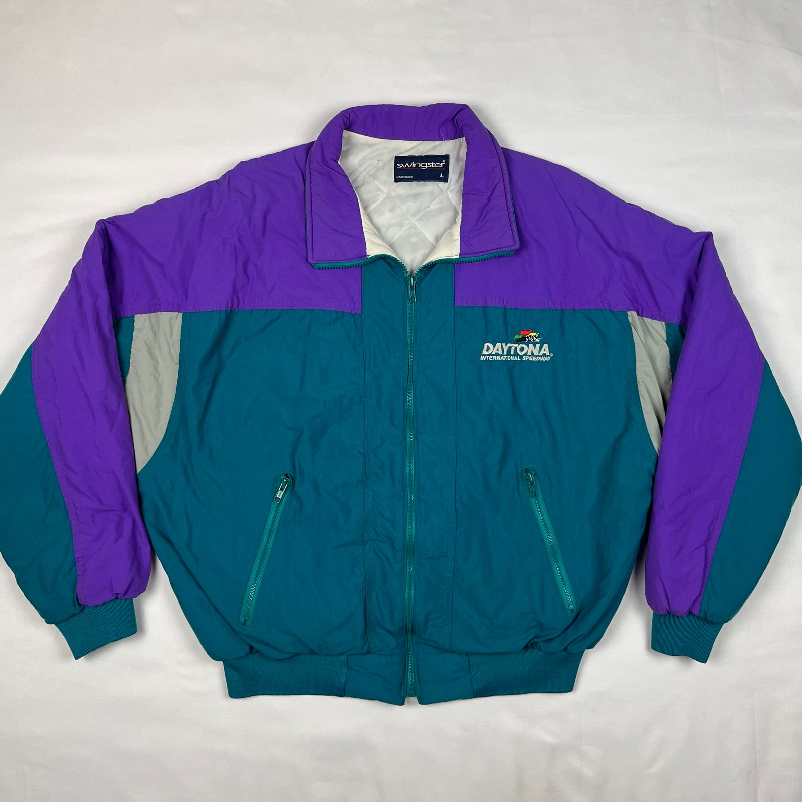 Vtg Swingster NASCAR Daytona Mens Puffer Jacket Large 90s Color Block C2