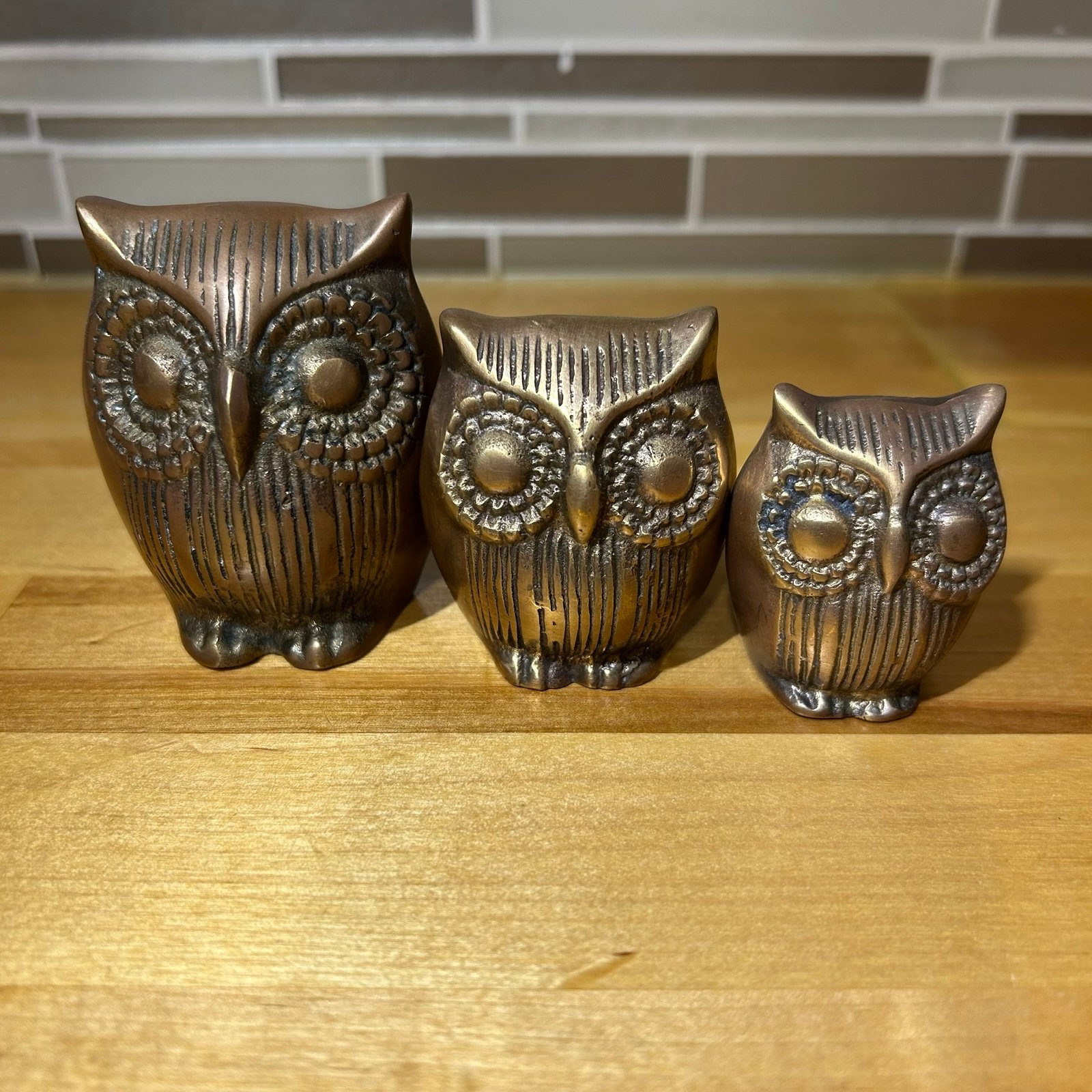 Vintage Mid Century Solid Brass Owl Family Paperweight Figurines (3 Piece)