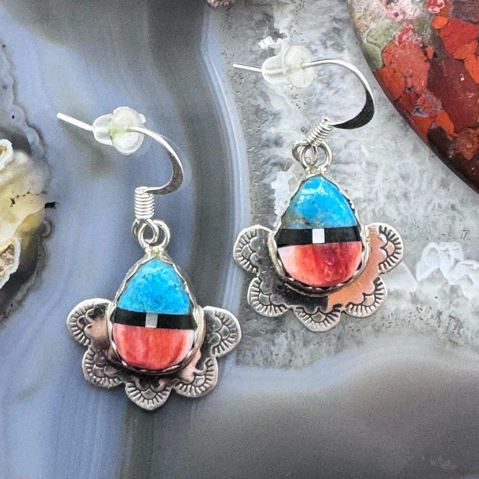 Clifton Aguilar Sterling Teardrop Multistone Inlay Dangle Earrings For Women #1
