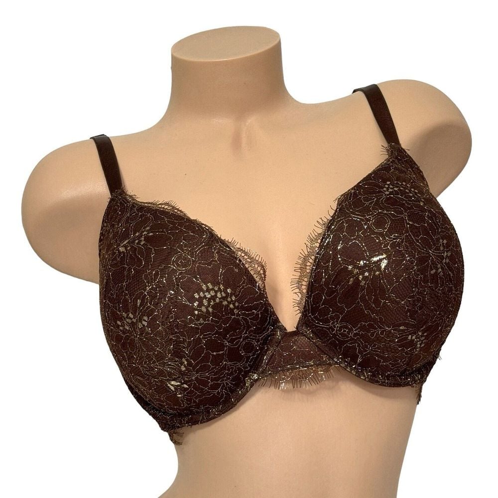VICTORIA'S SECRET 38DD Very Sexy Push-Up Plunge Add 1 Cup Bra Lace Brown