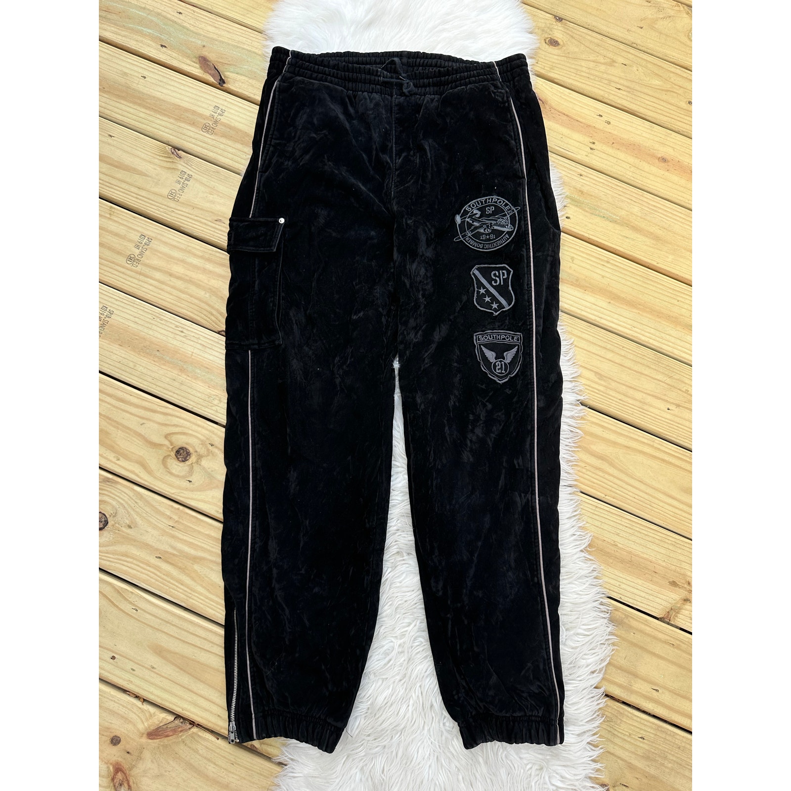 Vintage Y2K Southpole Velour Black Patch Embroidered Joggers Sweatpants Track