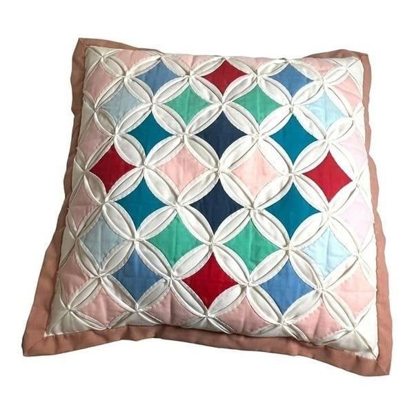 Handmade Multicolor Cathedral Window Quilt Throw Pillow 13” Square Vintage Retro