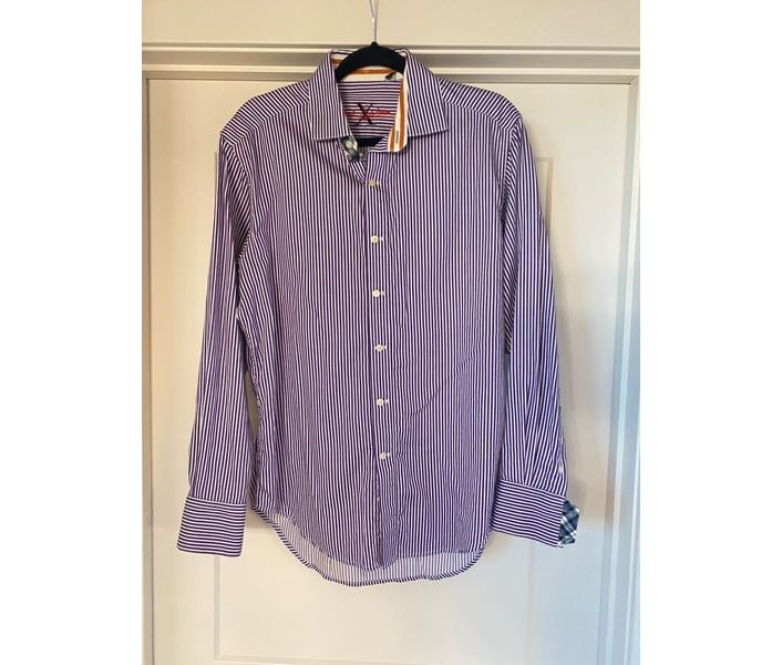 Robert graham purple white striped button up dress shirt medium