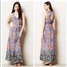 Anthropologie Maeve Medallion Print Cut Out Silk Maxi Dress with Pockets - 6