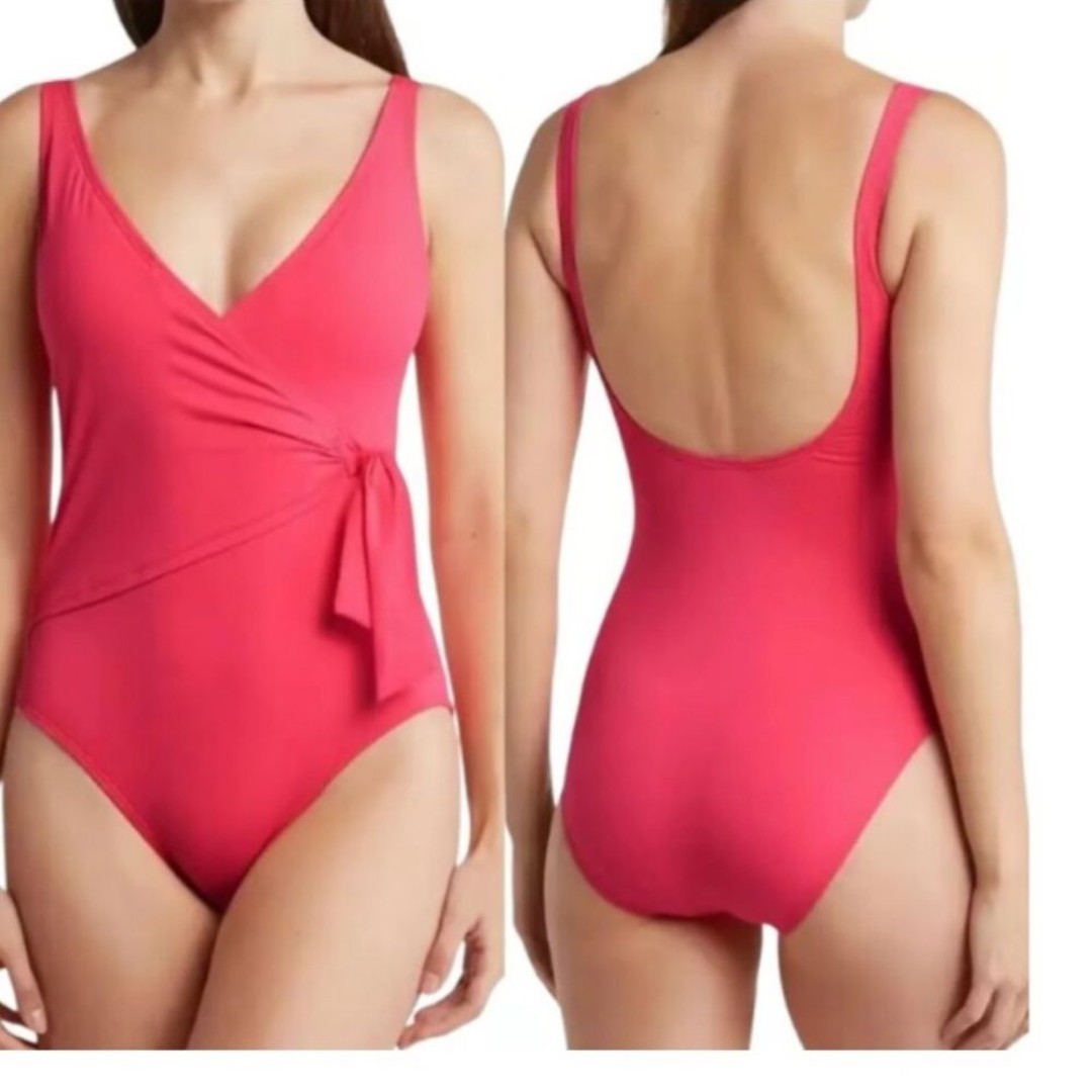 NEW Tommy Bahama Wrap Tie Front One-Piece Swimsuit Coral Coast Size 16