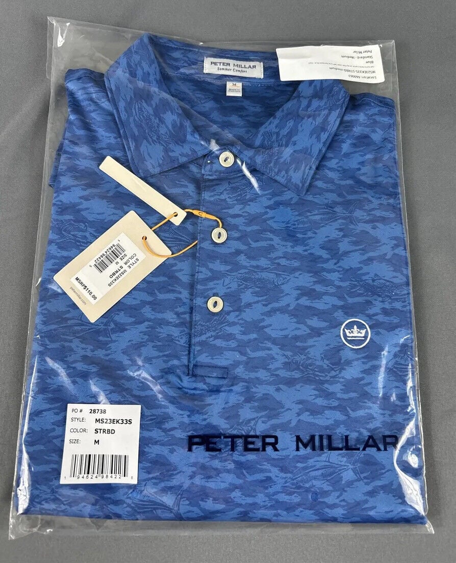 Peter Millar Golf Shirt Polo CS Summer Comfort TG Fish Camo Print Medium Blue