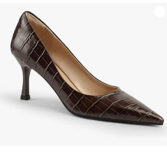 FOWT Simple Solid Croc-Embossed Pointed Toe Black Pumps for Women Dressy Brown