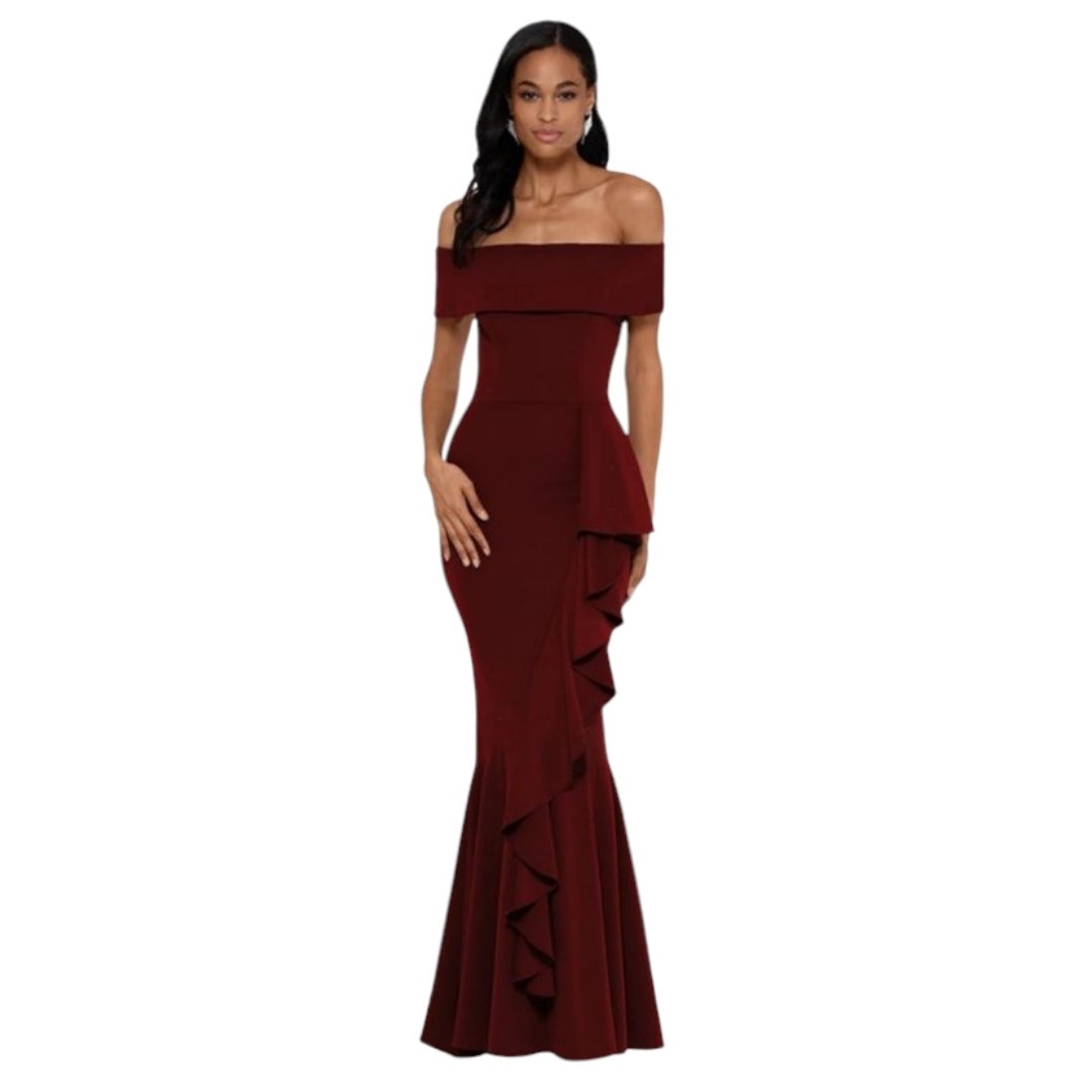 Betsy & Adam Formal Evening Gown Womens 10P Burgundy Off Shoulder Dress Wedding